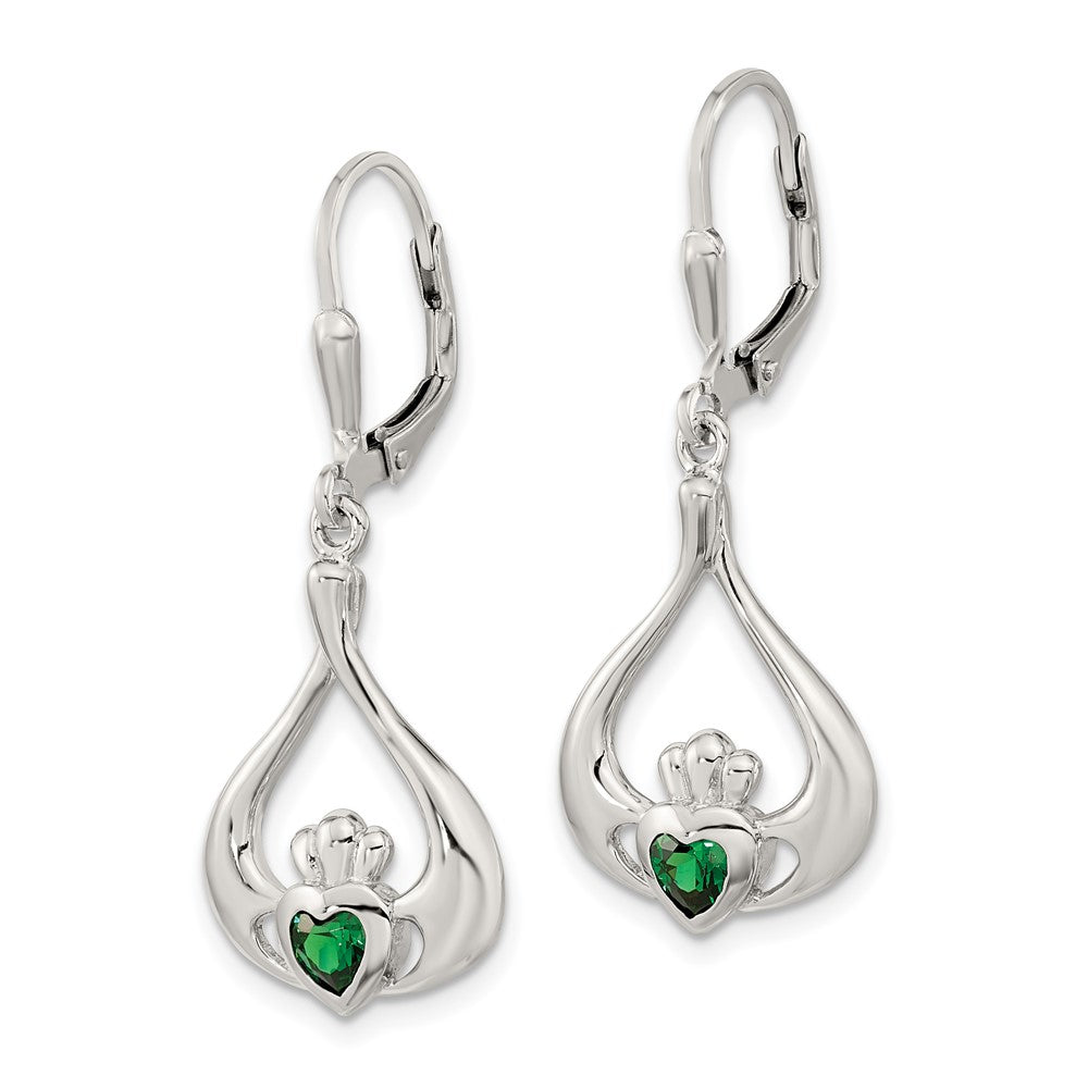 QE12571 Sterling Silver Rhod-pltd Grn CZ Heart Leverback Claddagh Dangle Earrings