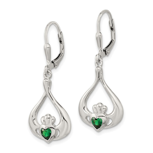 QE12571 Sterling Silver Rhod-pltd Grn CZ Heart Leverback Claddagh Dangle Earrings