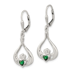 QE12571 Sterling Silver Rhod-pltd Grn CZ Heart Leverback Claddagh Dangle Earrings