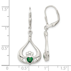 QE12571 Sterling Silver Rhod-pltd Grn CZ Heart Leverback Claddagh Dangle Earrings