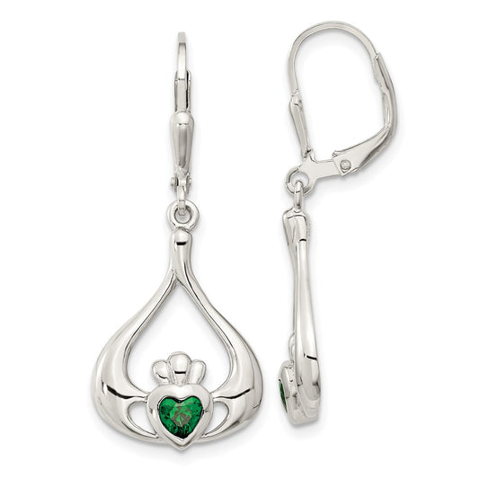 QE12571 Sterling Silver Rhod-pltd Grn CZ Heart Leverback Claddagh Dangle Earrings