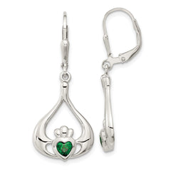 QE12571 Sterling Silver Rhod-pltd Grn CZ Heart Leverback Claddagh Dangle Earrings