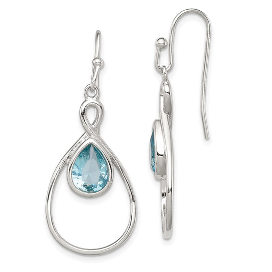 QE12573 Sterling Silver RH-plated Polished Blue Glass Teardrop Dangle Earrings