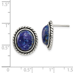 QE12584 Sterling Silver Polished/Antiqued Lapis Cabochon Post Earrings