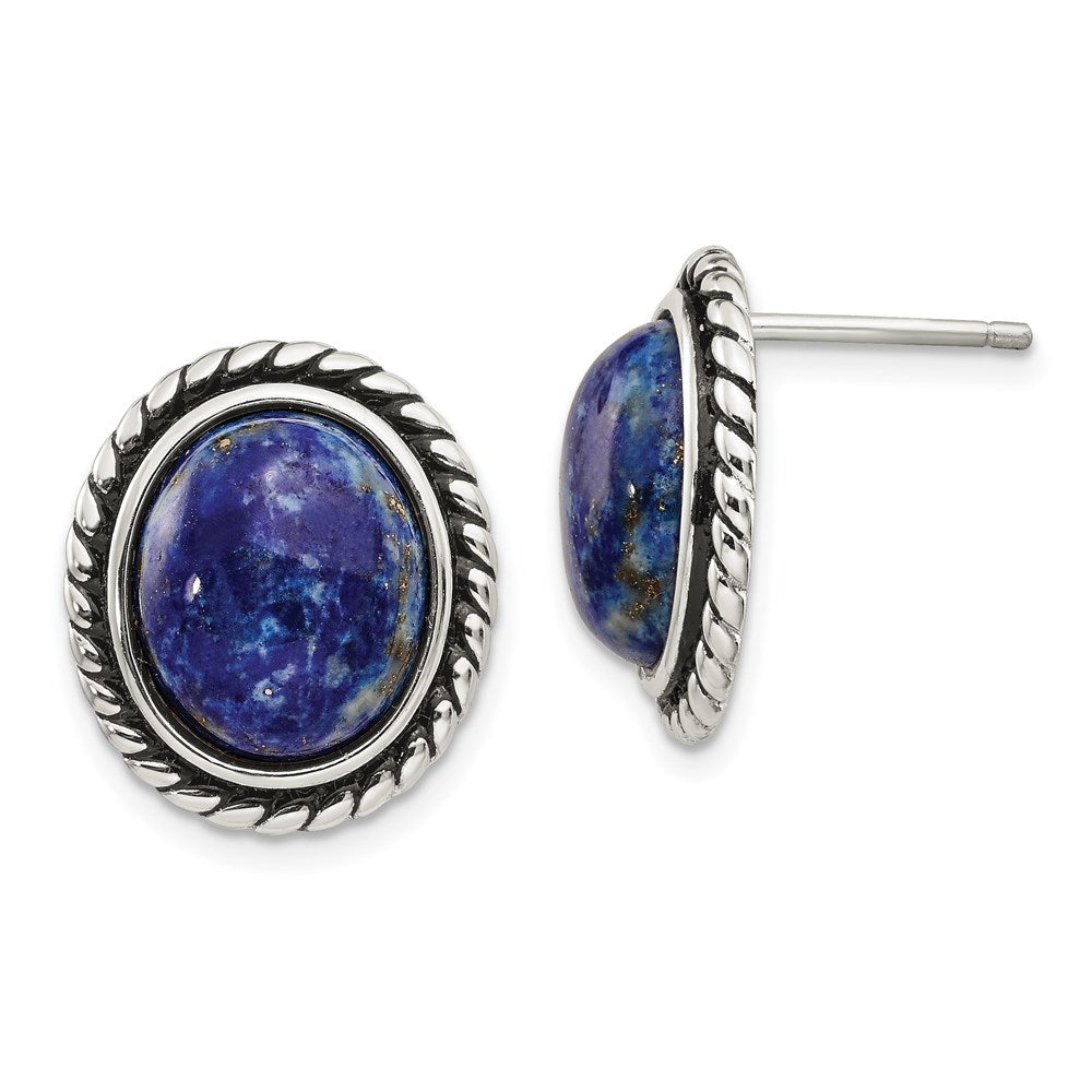 QE12584 Sterling Silver Polished/Antiqued Lapis Cabochon Post Earrings