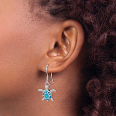 QE12599 Sterling Silver Rhodium-plated Polished Created Blue Opal Turtle Shepherd Hook Earrings