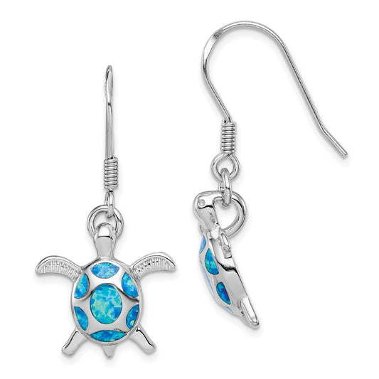 QE12599 Sterling Silver Rhodium-plated Polished Created Blue Opal Turtle Shepherd Hook Earrings