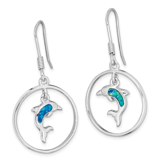 QE12600 Sterling Silver Rhodium-plated Polished Created Blue Opal Dolphin Dangle Earrings