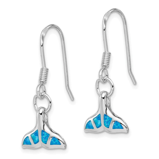 QE12601 Sterling Silver Rhodium-plated Created Opal Dolphin Tail Dangle Earrings