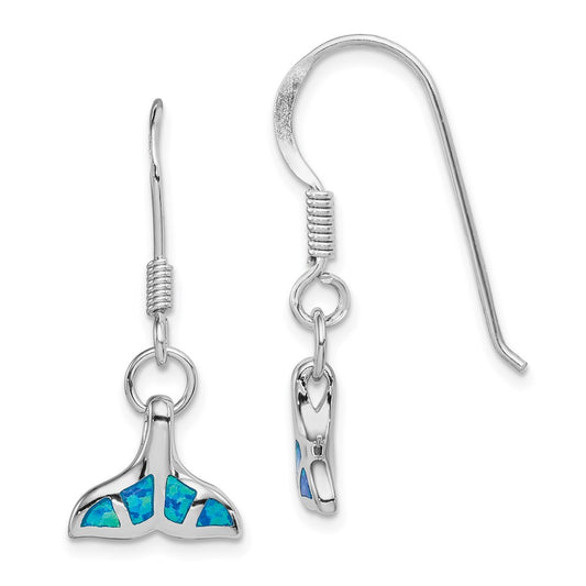 QE12601 Sterling Silver Rhodium-plated Created Opal Dolphin Tail Dangle Earrings