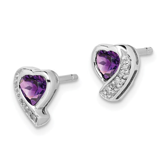 QE12618AM Sterling Silver Rhodium-plated Amethyst and Diamond Heart Earrings