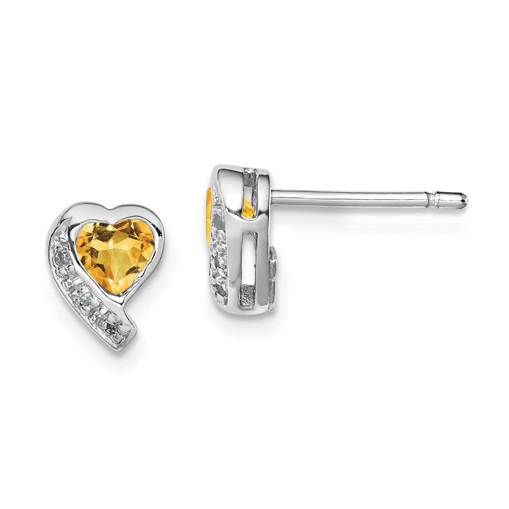 QE12618CI Sterling Silver Rhodium-plated Citrine and Diamond Heart Earrings