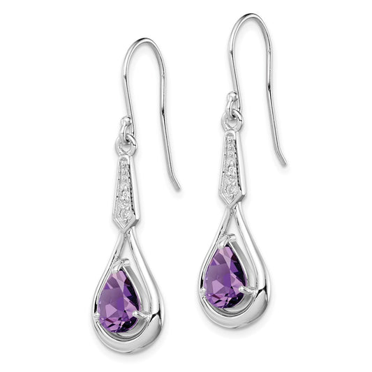 QE12622AM Sterling Silver Rhodium-plated CZ and Amethyst Dangle Earrings