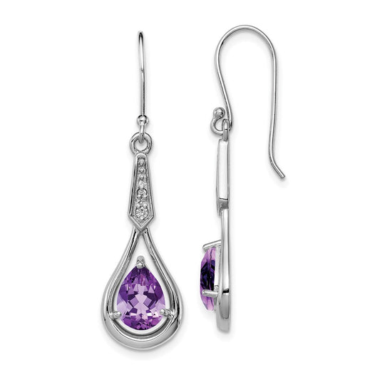 QE12622AM Sterling Silver Rhodium-plated CZ and Amethyst Dangle Earrings