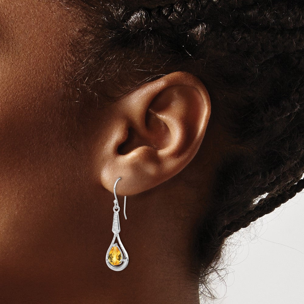 QE12622CI Sterling Silver Rhodium-plated CZ and Citrine Dangle Earrings