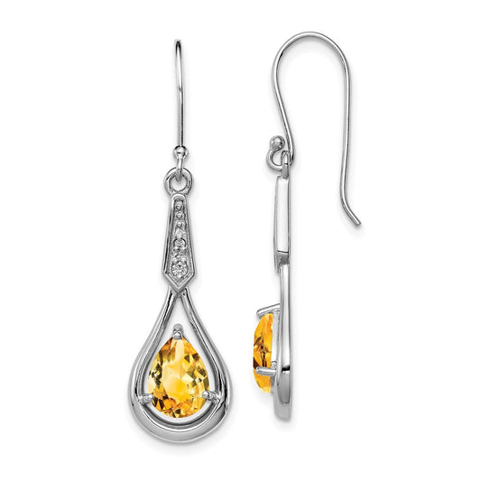 QE12622CI Sterling Silver Rhodium-plated CZ and Citrine Dangle Earrings