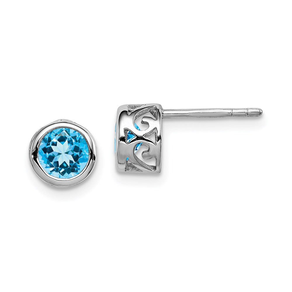 QE12625BT Sterling Silver Rhodium Polished Blue Topaz Round Post Earrings