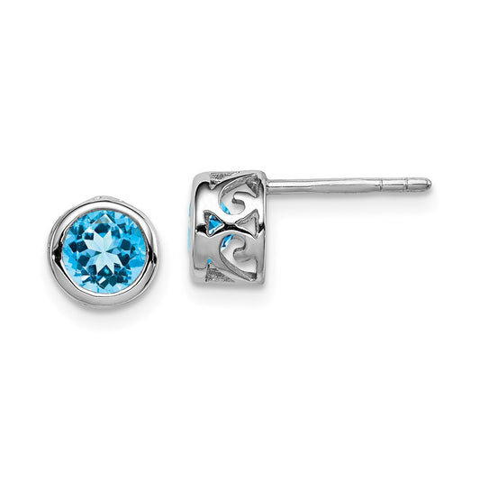 QE12625BT Sterling Silver Rhodium Polished Blue Topaz Round Post Earrings