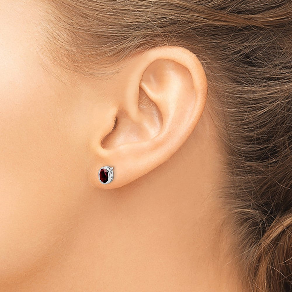 QE12626GA Sterling Silver Rhodium-plated Polished Garnet Oval Post Earrings