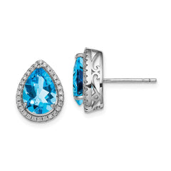 QE12637DEC Sterling Silver Rhodium Polished Blue Topaz & CZ Post Earrings