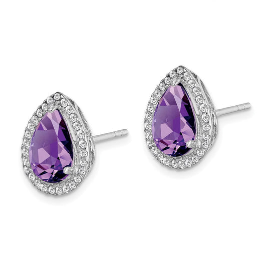 QE12637FEB Sterling Silver Rhodium Polished Amethyst & CZ Post Earrings