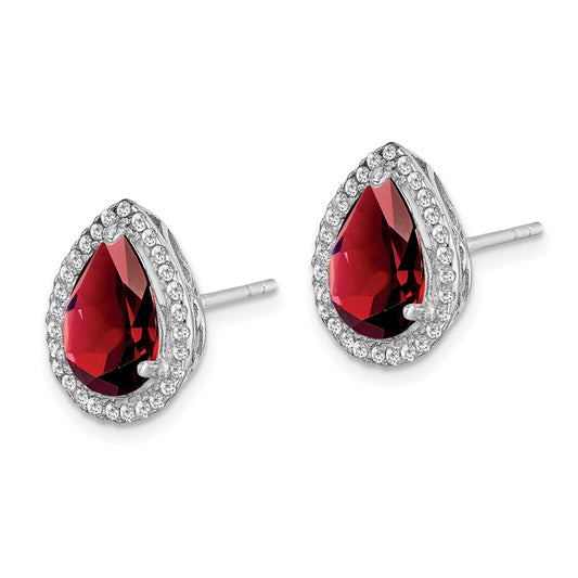 QE12637JAN Sterling Silver Rhodium Polished Garnet & CZ Post Earrings