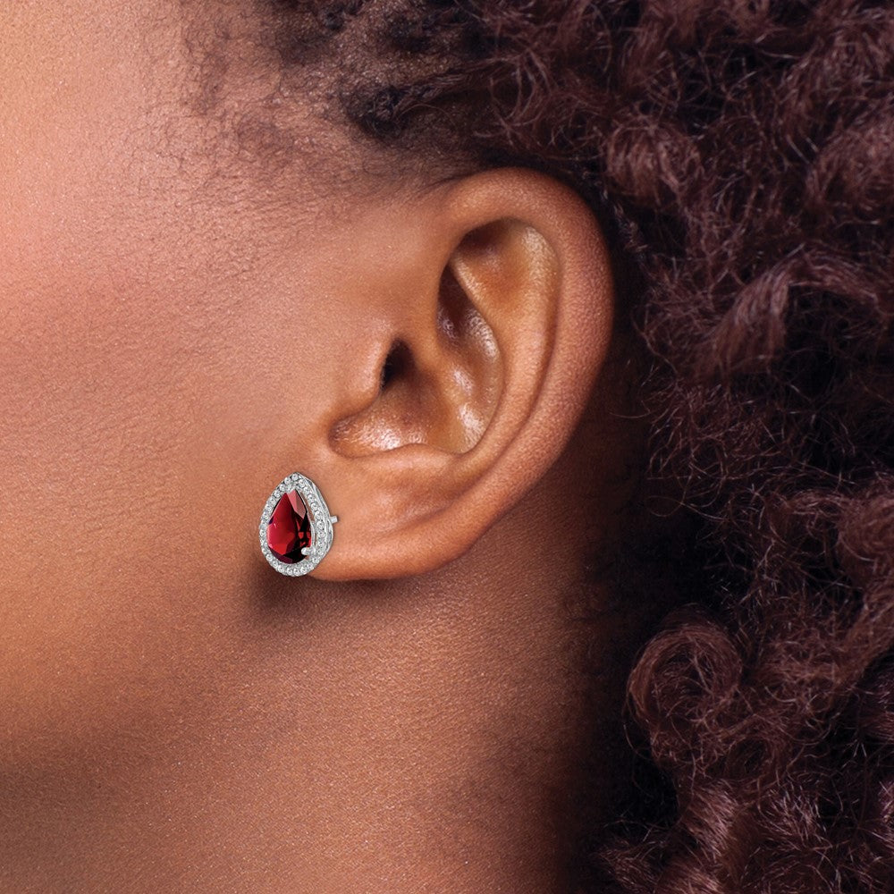 QE12637JAN Sterling Silver Rhodium Polished Garnet & CZ Post Earrings
