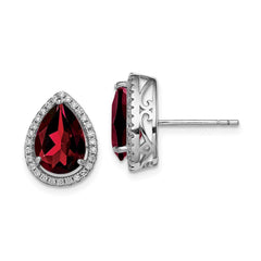 QE12637JAN Sterling Silver Rhodium Polished Garnet & CZ Post Earrings