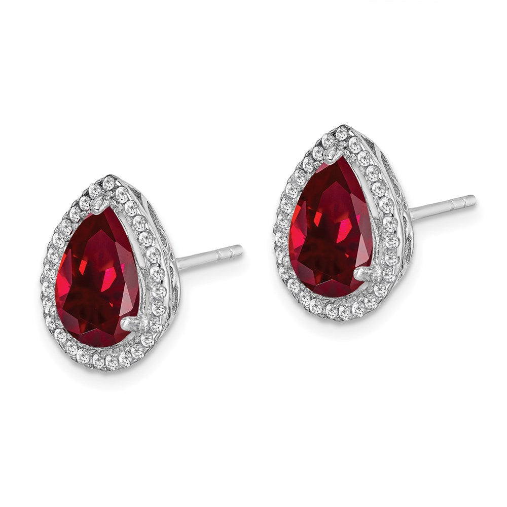 QE12637JUL Sterling Silver Rhodium Polished Clear CZ and Lab Created Ruby Pear Post Earrings