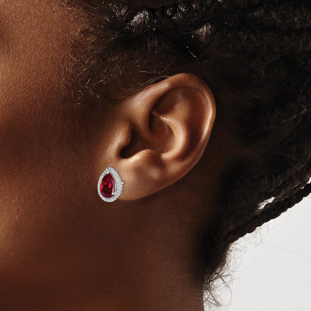 QE12637JUL Sterling Silver Rhodium Polished Clear CZ and Lab Created Ruby Pear Post Earrings