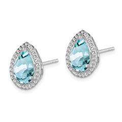 QE12637MAR Sterling Silver Rhodium Created Aquamarine & CZ Post Earrings