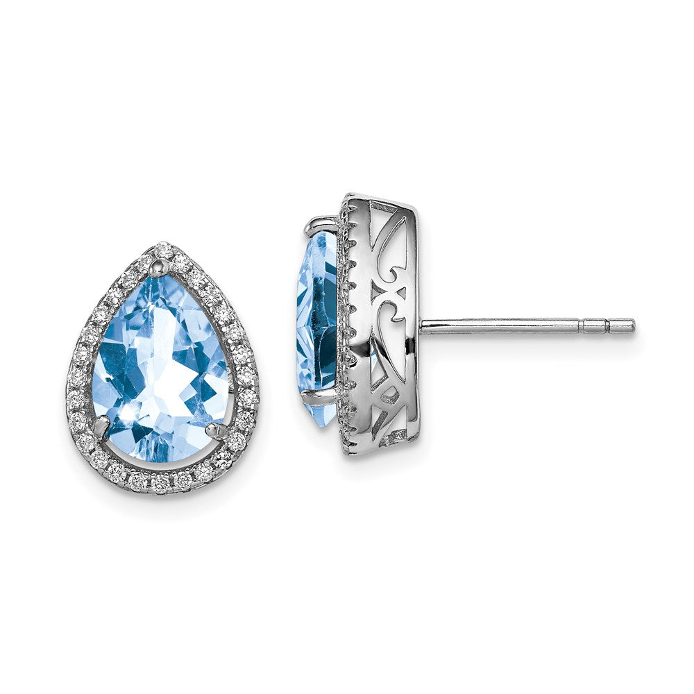 QE12637MAR Sterling Silver Rhodium Created Aquamarine & CZ Post Earrings