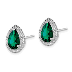 QE12637MAY Sterling Silver Rhodium Simulated Emerald & CZ Post Earrings