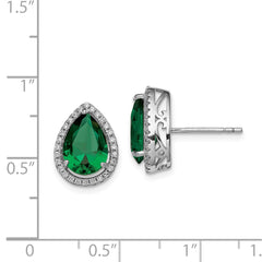 QE12637MAY Sterling Silver Rhodium Simulated Emerald & CZ Post Earrings