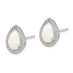 QE12637OCT Sterling Silver Rhodium Polished Simulated Opal & CZ Post Earrings