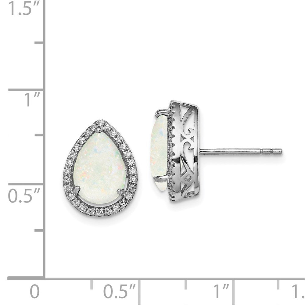 QE12637OCT Sterling Silver Rhodium Polished Simulated Opal & CZ Post Earrings