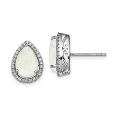 QE12637OCT Sterling Silver Rhodium Polished Simulated Opal & CZ Post Earrings