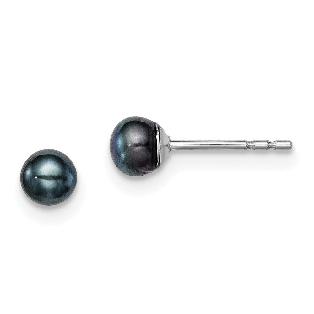 QE12667 Sterling Silver Rhodium-plated 3-4mm Black Button Freshwater Cultured Pearl Post Earrings