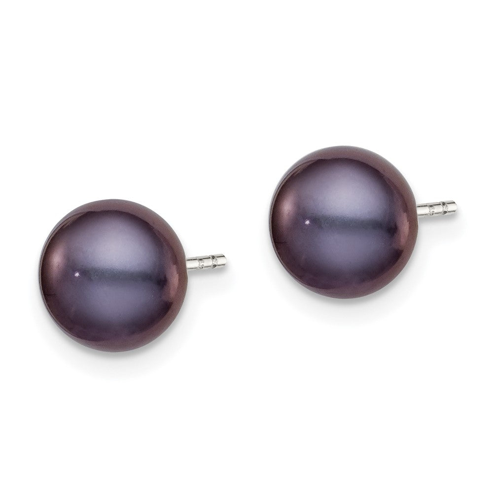 QE12668 Sterling Silver Rhodium-plated 7-8mm Black Button Freshwater Cultured Pearl Post Earring