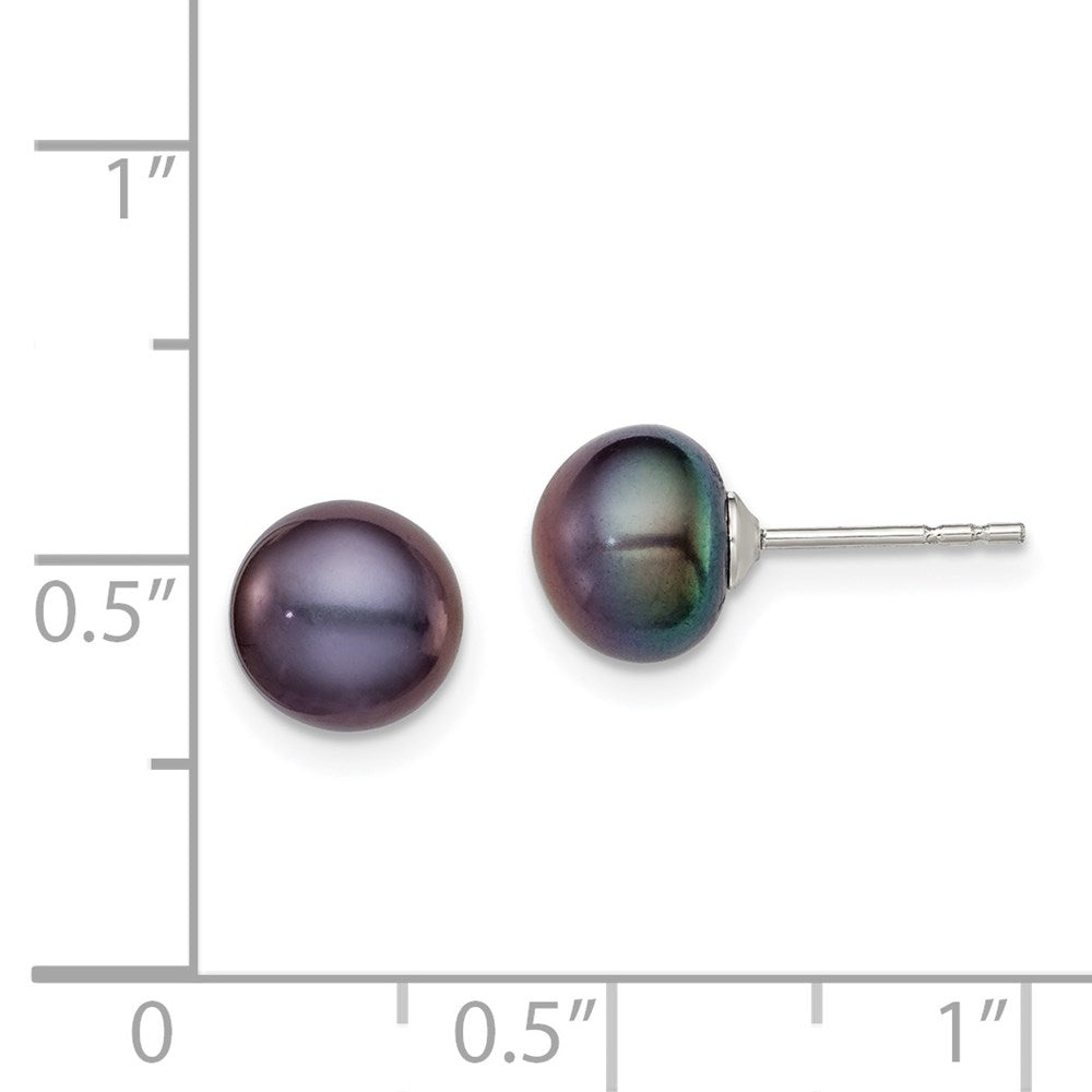 QE12668 Sterling Silver Rhodium-plated 7-8mm Black Button Freshwater Cultured Pearl Post Earring