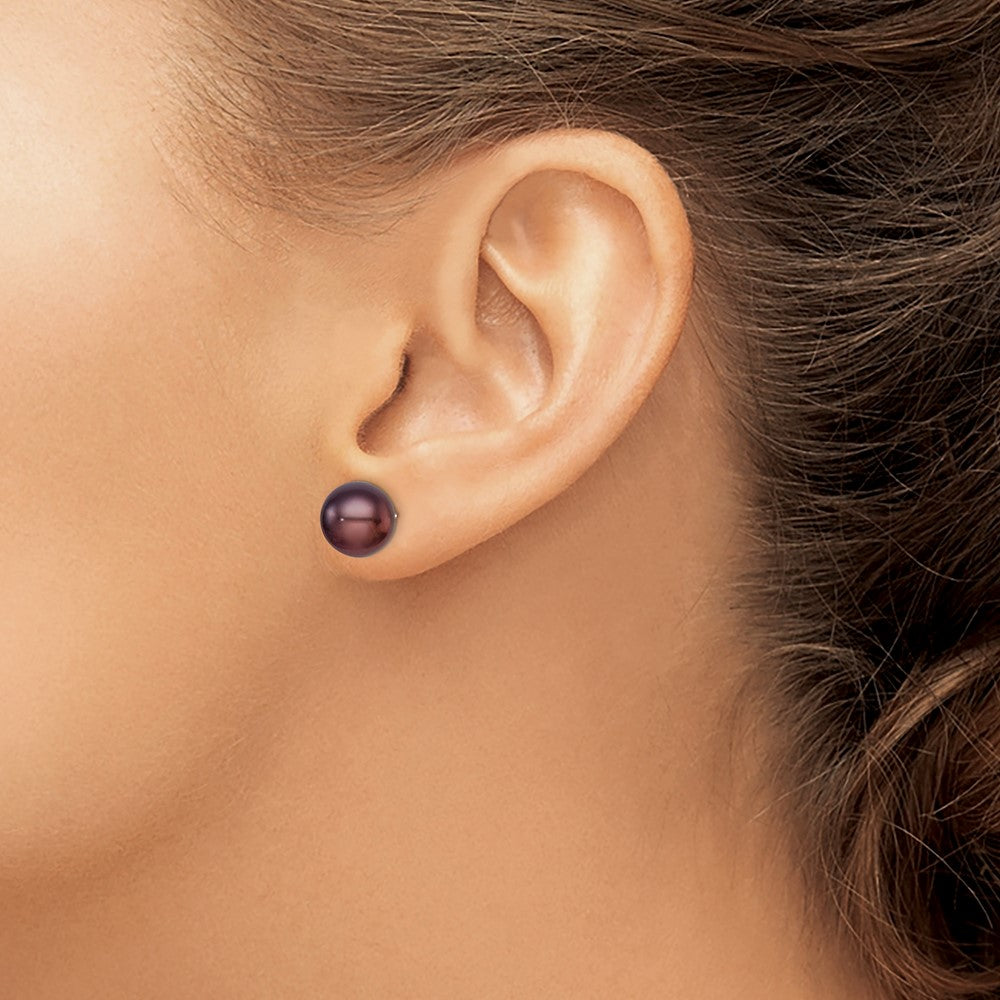 QE12669 Sterling Silver Rhodium-plated 9-10mm Black Button Freshwater Cultured Pearl Post Earrings
