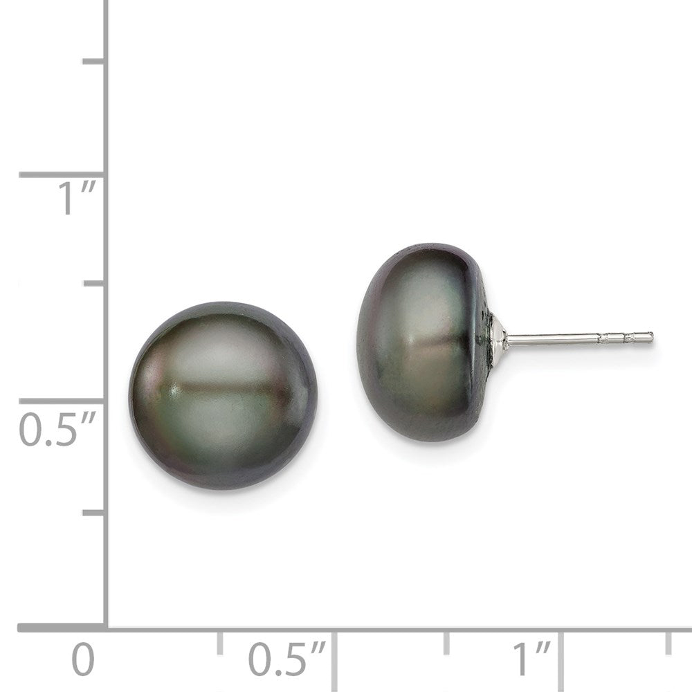 QE12670 Sterling Silver Rhodium-plated 11-12mm Black Button Freshwater Cultured Pearl Post Earrings