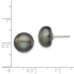 QE12670 Sterling Silver Rhodium-plated 11-12mm Black Button Freshwater Cultured Pearl Post Earrings