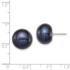 QE12671 Sterling Silver Rhodium-plated 12-13mm Black Button Freshwater Cultured Pearl Post Earrings