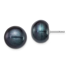 QE12671 Sterling Silver Rhodium-plated 12-13mm Black Button Freshwater Cultured Pearl Post Earrings