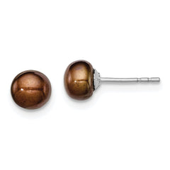 QE12672 Sterling Silver Rhodium-plated 5-6mm Brown Button Freshwater Cultured Pearl Post Earring