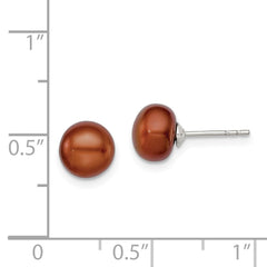QE12673 Sterling Silver Rhodium-plated 7-8mm Brown Button Freshwater Cultured Pearl Post Earring