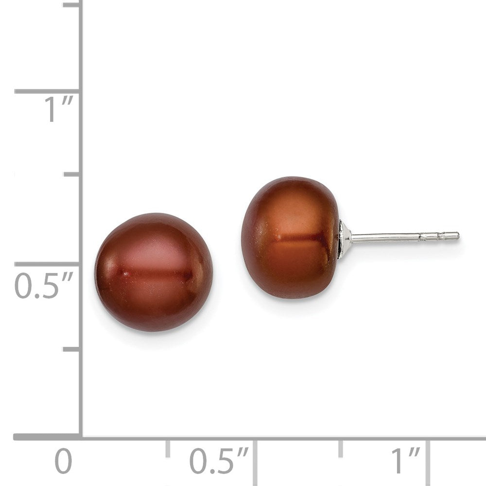 QE12674 Sterling Silver Rhodium-plated 9-10mm Brown Button Freshwater Cultured Pearl Post Earrings