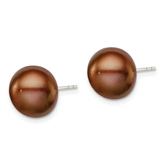QE12675 Sterling Silver Rhodium-plated 11-12mm Brown Button Freshwater Cultured Pearl Post Earrings