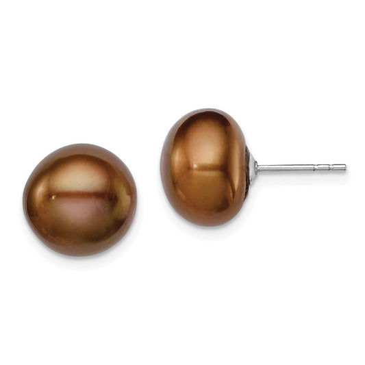 QE12675 Sterling Silver Rhodium-plated 11-12mm Brown Button Freshwater Cultured Pearl Post Earrings